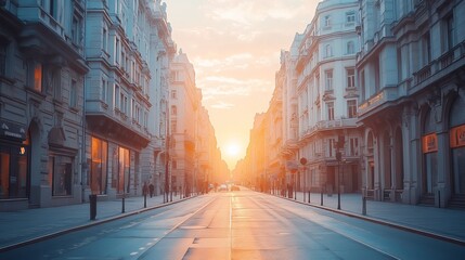 Fototapeta premium Empty street showcases buildings with golden light illuminating the road during sunset.