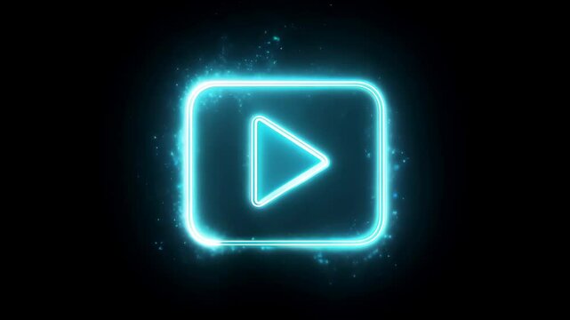 Glowing blue neon play button icon with electric light particles on dark background in digital video concept