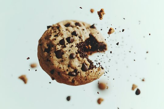 A broken chocolate chip cookie with crumbs scattered around it on a clean surface, viewed from directly above