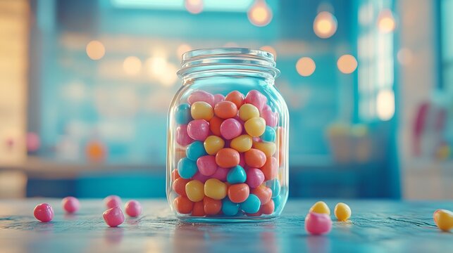 Glass jar filled with colorful candies sits on a wooden table with scattered candies in a brightly lit room.