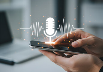 Audio recording app on smartphone concept voice message microphone waveform mobile technology...