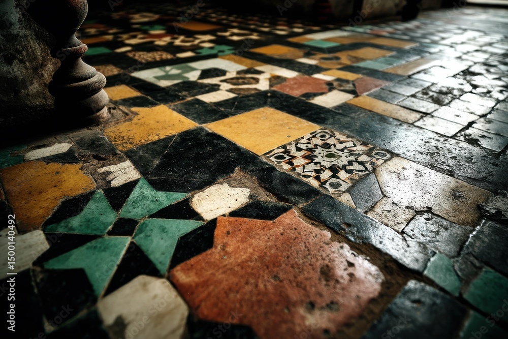 Poster detailed view of an aged and ornate tiled floor with intricate geometric patterns, creating a rich t