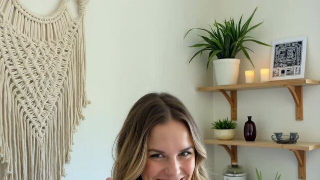 Caucasian woman smiling, peace sign, macrame wall hanging, shelves with plants and decor. Indoor hobby room or modern apartment.