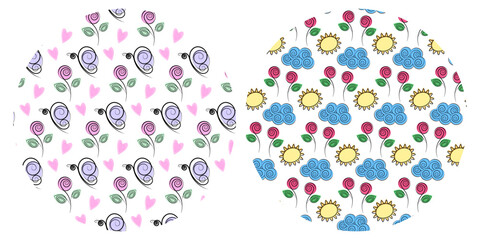 Stylized Butterflies with hearts roses Sun and Cloud Seamless Patterns on Circular Backgrounds Set