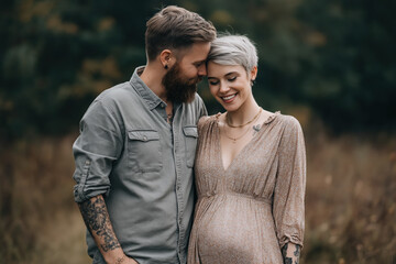 Fototapeta premium Heterosexual Couple Expecting a Baby Outdoors