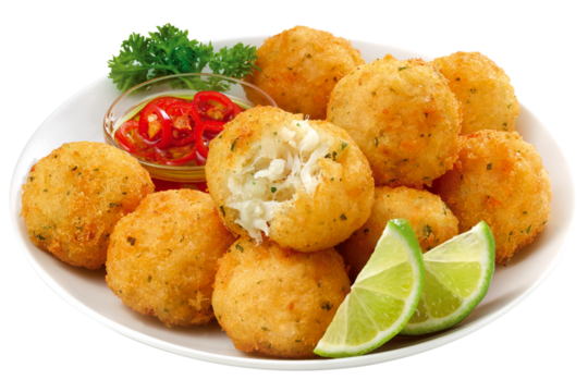prato com bolinho de bacalhau acompanhado de molho de pimenta e fatia de limão isolado em fundo transparente