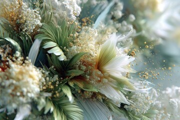 An ethereal and detailed close-up of abstract floral arrangement, showcasing delicate textures, soft lighting, and a dreamy, otherworldly feel, conveying peace and tranquility.