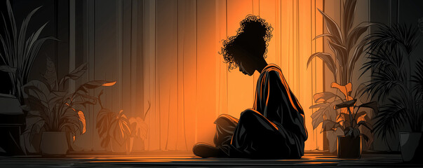 Silhouette of woman in warm orange backlight with indoor plants for mindfulness blogs, wellness websites, personal growth visuals, educational use, and emotional storytelling designs