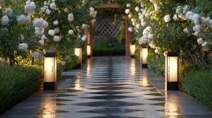 Obraz premium Checkerboard Nero Marquina and Statuario marble path, lit by twin gas-style lanterns with frosted glass