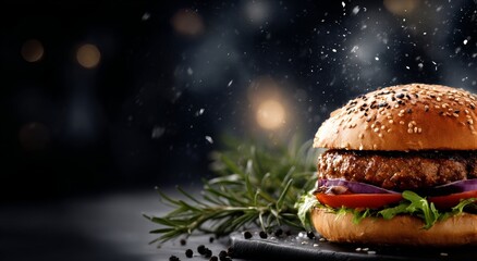 Juicy Burger With Sesame Bun and Fresh Vegetables Presented on a Dark Background