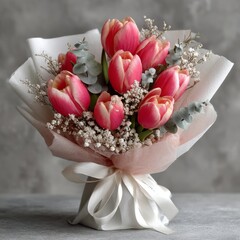 Red tulips wrapped in a large paper bouquet creating a romantic and elegant floral arrangement