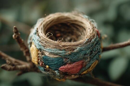 Close-up of a small, colorful bird's nest nestled on a tree branch in soft focus, creating a peaceful, natural atmosphere, featuring soft and muted tones.