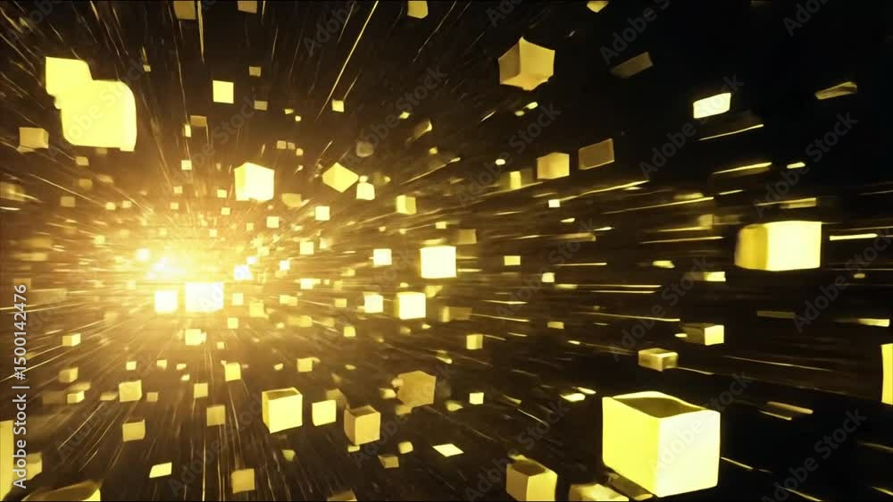Poster Visual explosion of golden cubes creating dynamic patterns in a digital environment