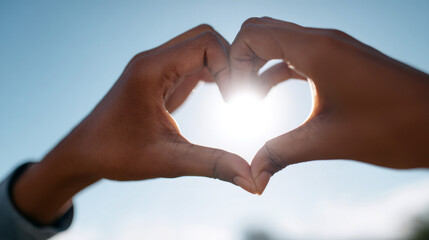 Hands making heart shape framing sunlight against blue sky