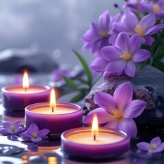 Burning candles purple flowers stone on blurred background
