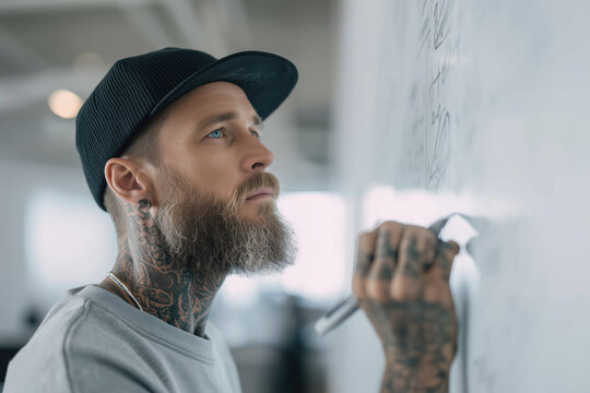 Tattooed designer brainstorming on a whiteboard in a creative workspace.

