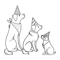 Three Dogs Sitting Side by Side Wearing Party Hats Vector Illustration