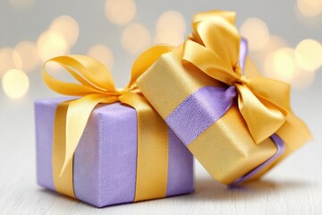 Two elegantly wrapped gift boxes, one lavender and one gold, adorned with satin ribbons and bows, sit against a soft, bokeh-lit background, creating a festive and celebratory atmosphere.