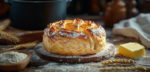 Freshly Baked Bread on a Wooden Board With Butter and Ingredients in a Cozy Kitchen Setting
