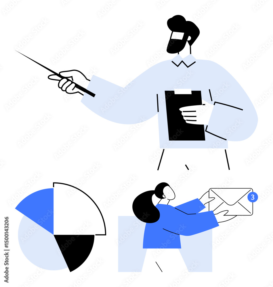 Poster man with pointer leading presentation, woman with email, pie chart visualization. ideal for teamwork