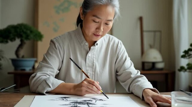 Asian Woman engrossed in Sumi-e, practicing Japanese ink wash painting for wellness. Focused hobby reflects serenity and cultural appreciation.