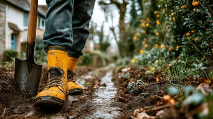 Fototapeta premium Person walks in muddy path with shovel