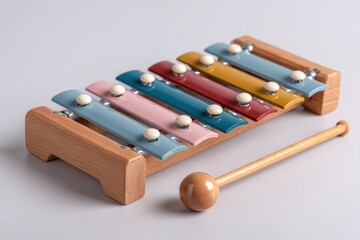 A colorful xylophone with wooden mallets, a musical instrument for children, perfect for educational play and sensory exploration, designed to stimulate creativity and cognitive development.