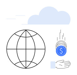 Globe symbolizing global network, cloud for data storage, hand catching falling coins, representing finance, technology, and teamwork. Ideal for business, cloud service, finance startups commerce