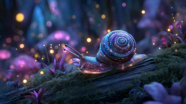 Fantasy snail with glowing shell crawling slowly through enchanted forest, magical atmosphere with soft lights and dreamy flora, surreal animated wildlife concept