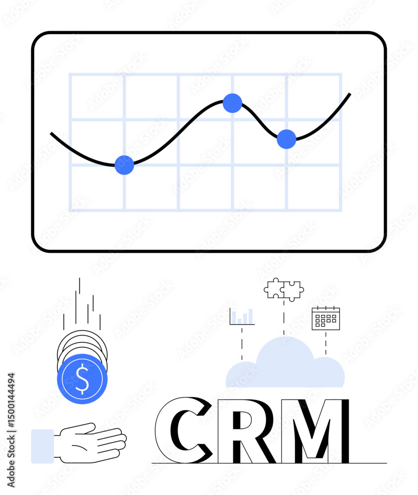 Poster graph with data points, coins falling into a hand, cloud storage icons, and crm text. ideal for busi