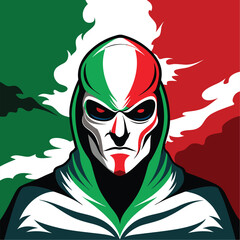 Scary Halloween zombie monster with an evil expression and a dark mask, illustrated as a creepy cartoon art head