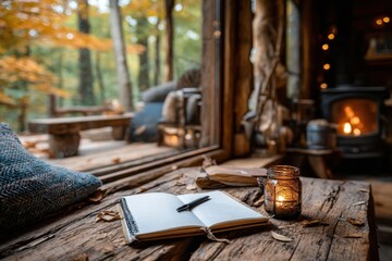 A cozy autumn scene inside a wooden cabin with a notebook, candle, and fireplace, offering a peaceful retreat and escape into nature with warm lights.