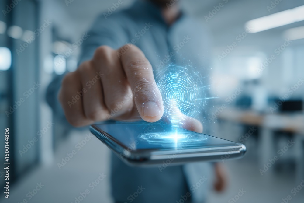 Poster a man authenticating with a fingerprint scan on a modern smartphone device, enhanced security measur
