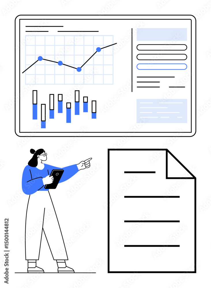 Poster woman with tablet points at analytics display featuring graphs, charts, and text. next to her is a d