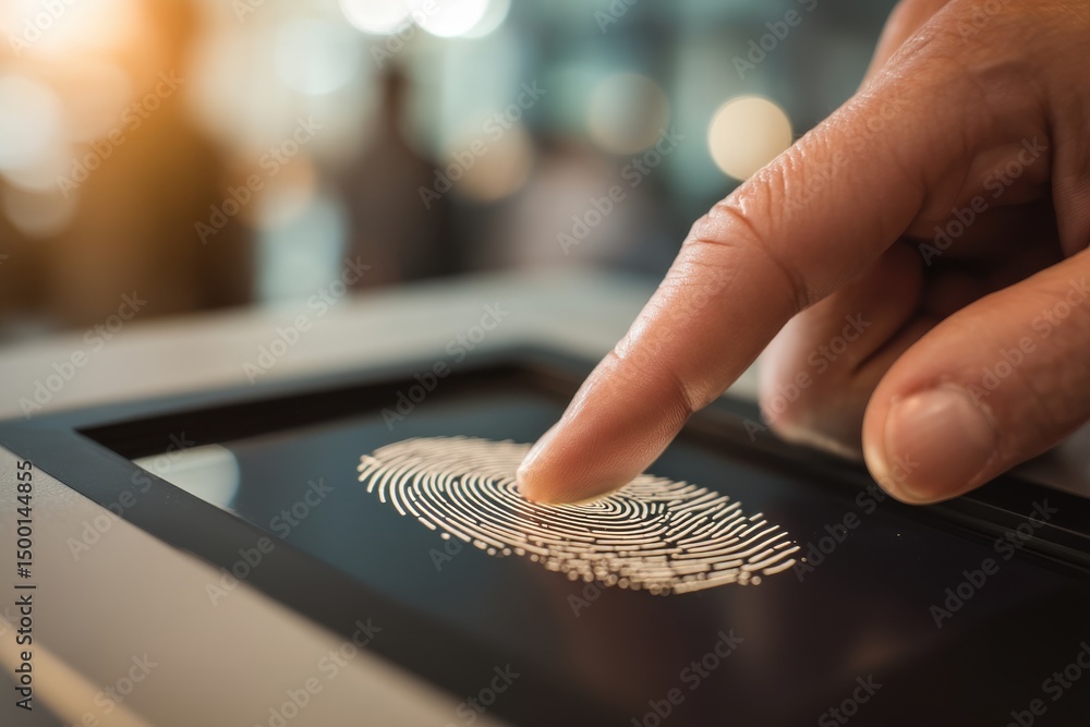 Poster a person placing their finger on a touch screen fingerprint scanner for security authentication, unl