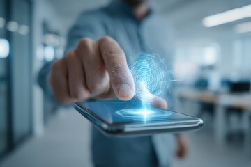 A man authenticating with a fingerprint scan on a modern smartphone device, enhanced security measures, biometrics recognition, and cutting-edge mobile access.