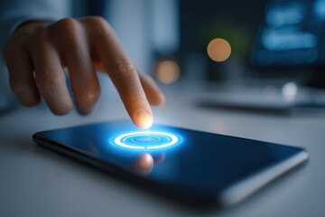 Close-up of a person's finger touching a smartphone screen with a glowing blue button, highlighting mobile technology and digital interaction on a clean surface.