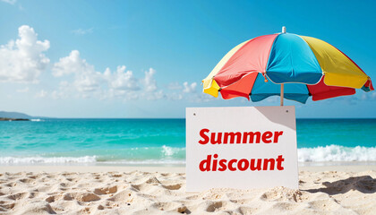 Summer discount sign under colorful umbrella on beach with sea  