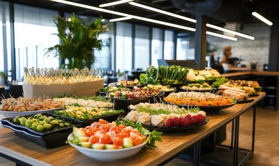 Office catering with assorted canap&eacute;s. AI generated illustration.
