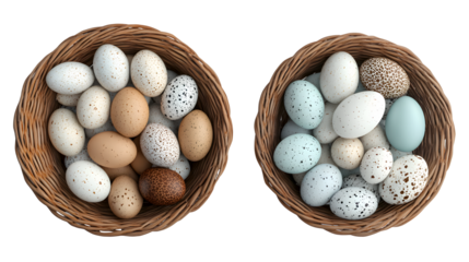 Two baskets filled with various colored speckled eggs isolated on transparent background
