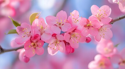 Fototapeta premium Pink blossoms bloom on a slender branch with soft pastel hues in the background.