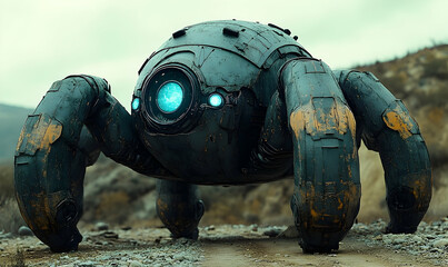 Metallic orb-like robot with stubby legs stands on desert terrain; moody sky background
