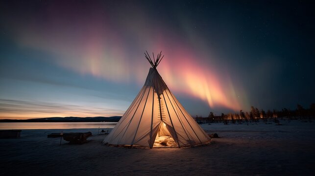 Magical aurora borealis over a glowing teepee in a snowy winter landscape - Powered by Adobe