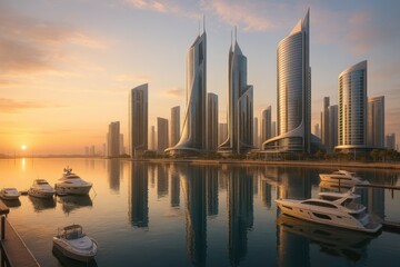 Fototapeta premium Sunrise reflects on modern skyscrapers and luxury yachts in a tranquil waterfront city