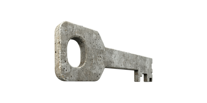 Concrete Key Symbolizing Strength And Security. Conceptual Representation Of Durability And Access Isolated On Transparent Background