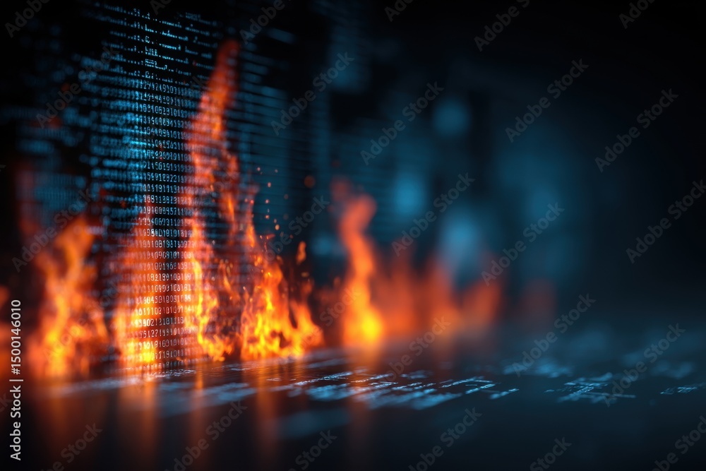 Poster digital data breach concept with binary code in flames, representing cybersecurity threats, data los
