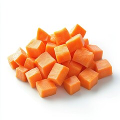 Pile of carrot cubes, diced on white background