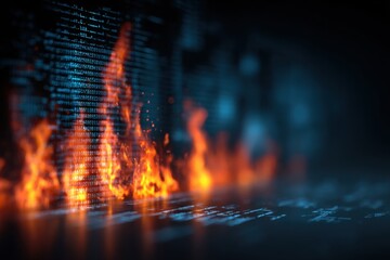Fototapeta na wymiar Digital data breach concept with binary code in flames, representing cybersecurity threats, data loss, and online security risks in a modern abstract design.