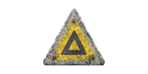 Weathered Yellow Triangle Warning Sign With Grunge Texture. Industrial Safety And Caution Symbol Isolated On Transparent Background