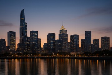 Obraz premium City skyline illuminated at twilight with shimmering reflections in calm waters, creating a serene urban atmosphere